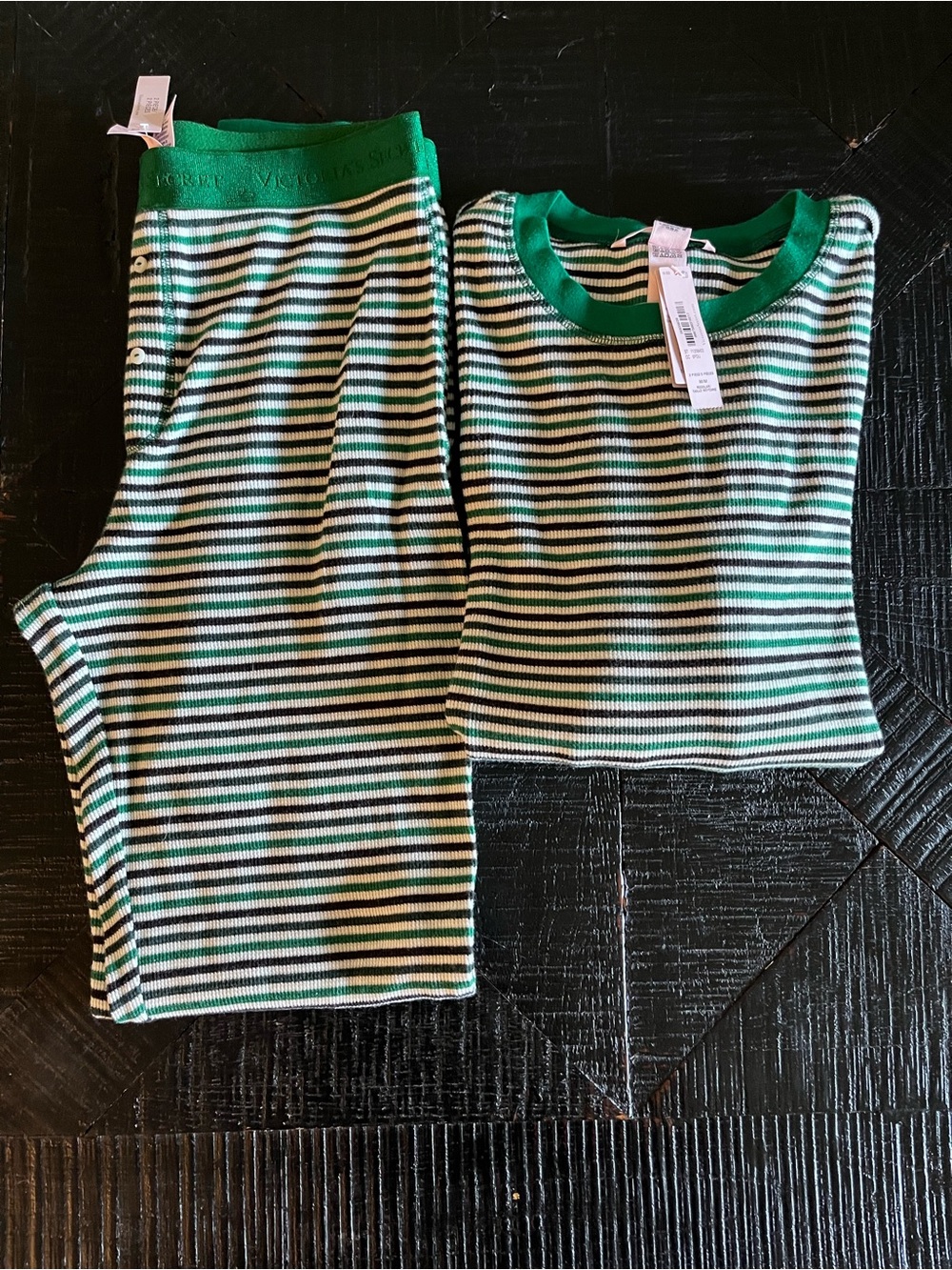 Victoria's Secret Green & White Striped Long Sleeve Pant Pajama Set NWT Size M
